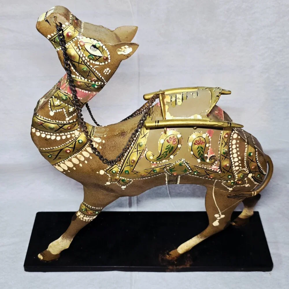 COMING SOON Hand Painted Metal Camel Sculpture Boho Global Bazaar Decor 16” L1/2